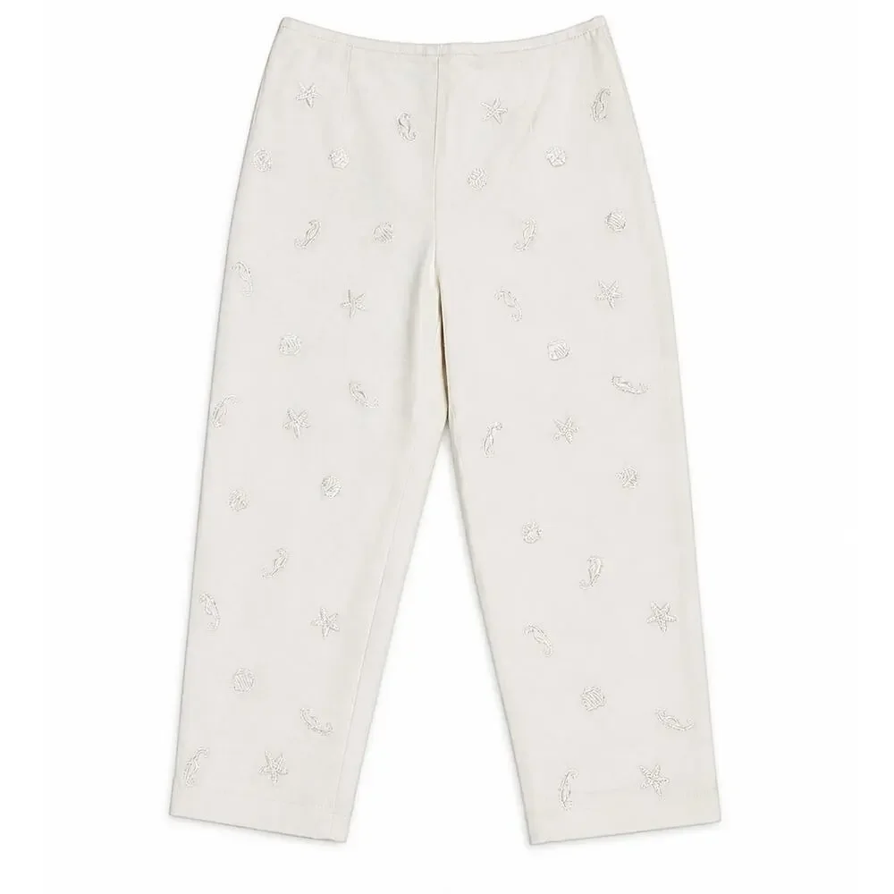 Talbots Cream Cropped Pant With Embroidered Seashell Detailing